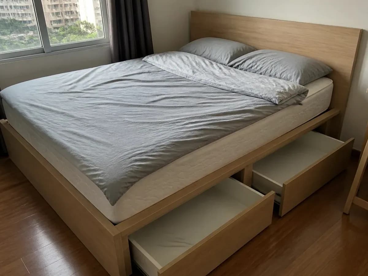 IKEA Queen Bed Frame and Mattress detail photo