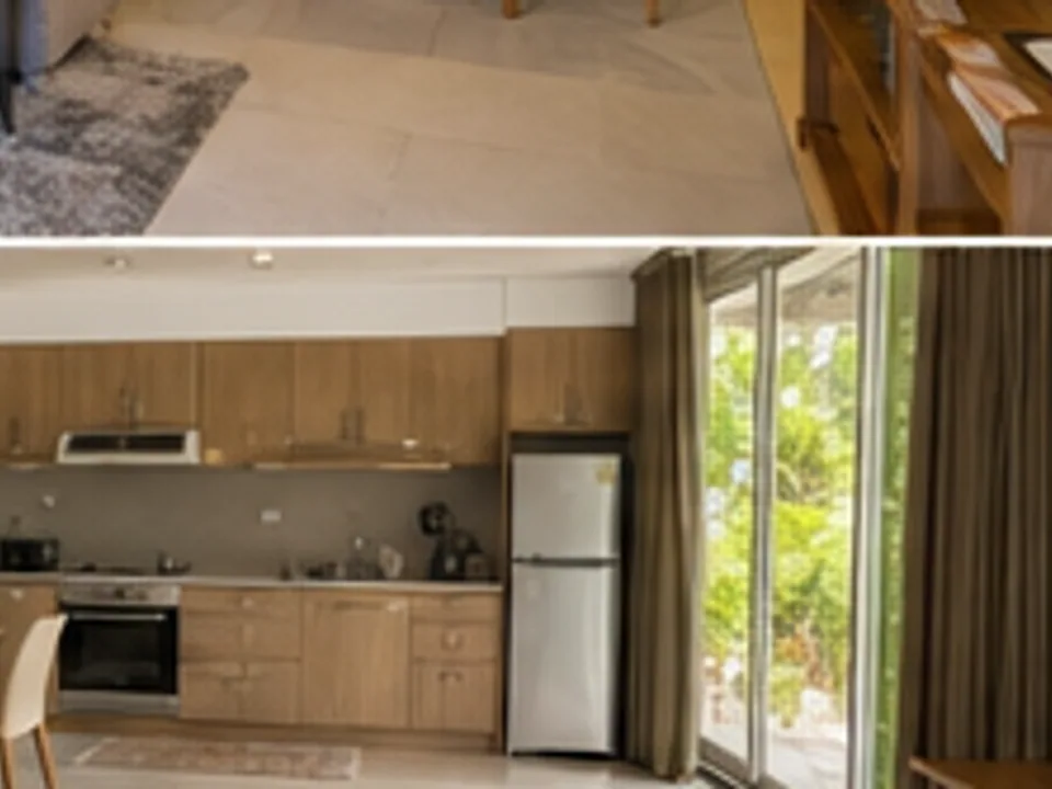 furnished apartment, kitchen, living area, and arrival support