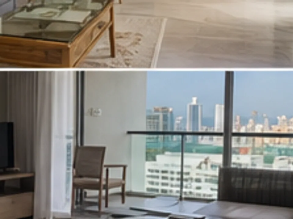 furnished apartment, kitchen, living area, and arrival support