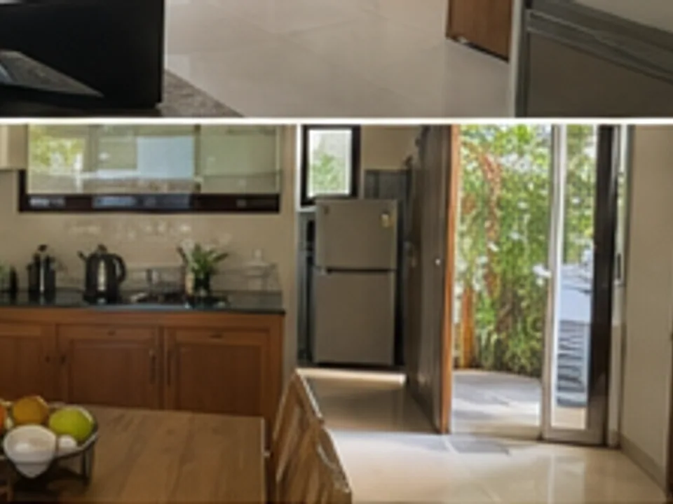 furnished apartment, kitchen, living area, and arrival support
